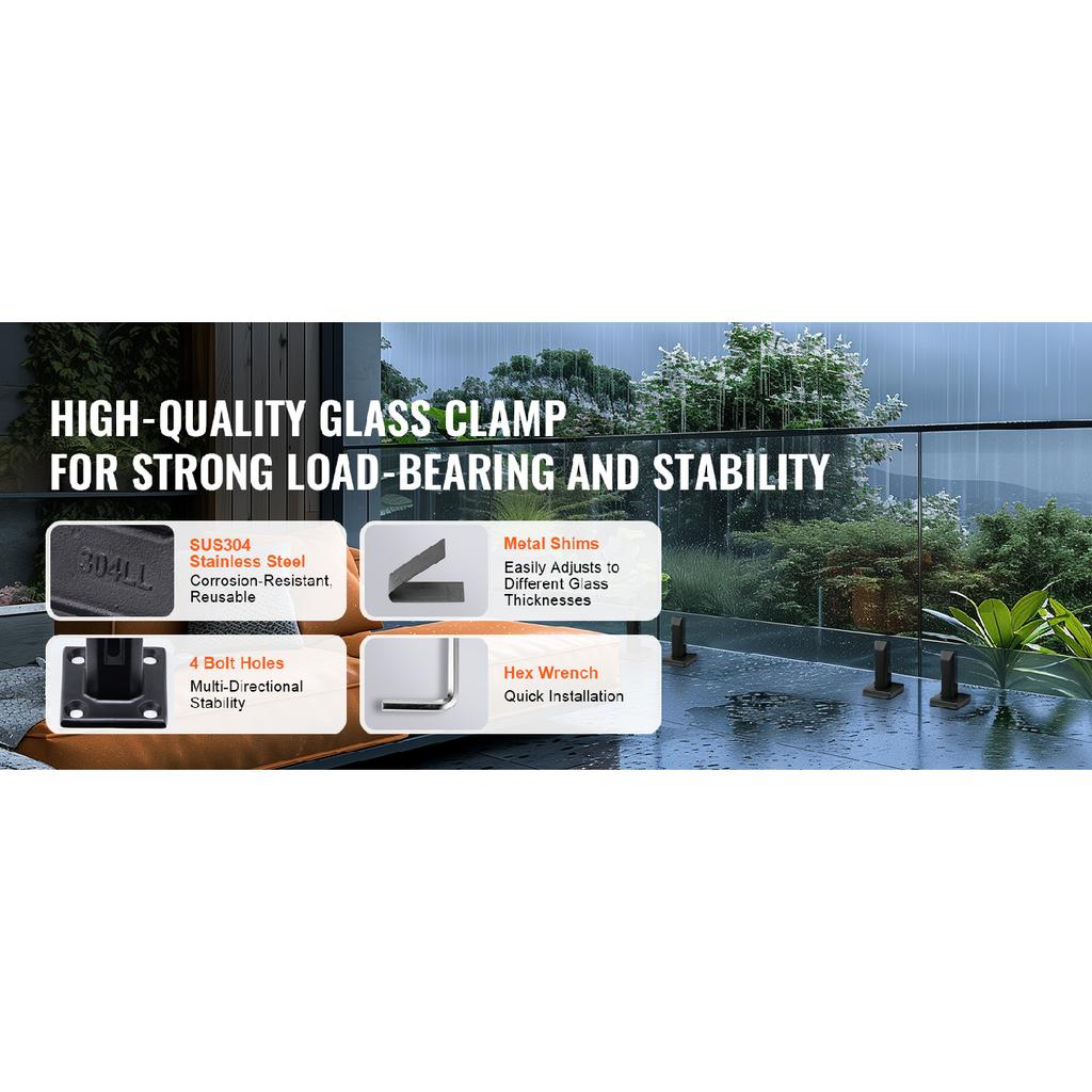 SucceBuy Glass Clamp 4PCS Square Glass Railing Bracket for 0.31 "-0.47 "Tempered Glass 0.12”Thick for Balcony Garden Deck Stair