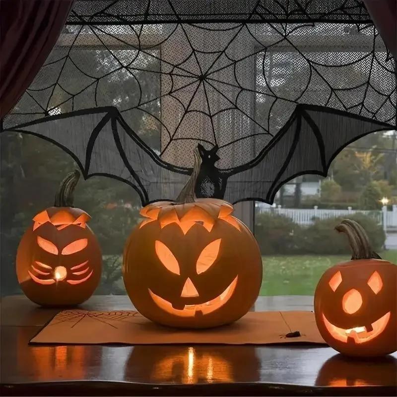 Halloween Spitzengardine Gothic Fledermaus Tischdecke Kaminschal Fensterabdeckung Für Party Heimdekoration Spinnweben Halloween Dekoration