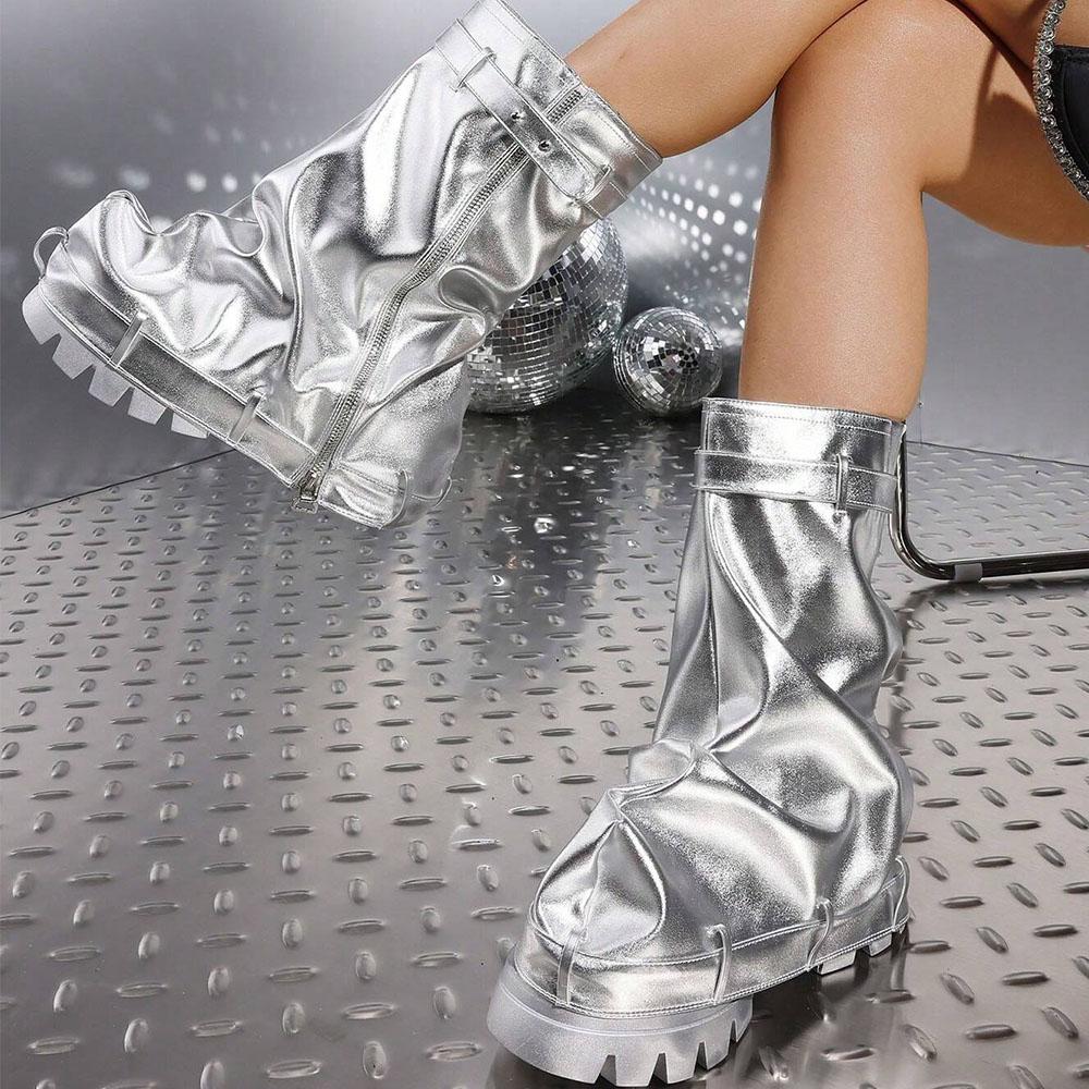Doratasia Fashion Women Fold Over Boots Chunky High Heels Mid Calf Platform Punk Gothic Fashion Metallic Motorcycle Shoes Woman