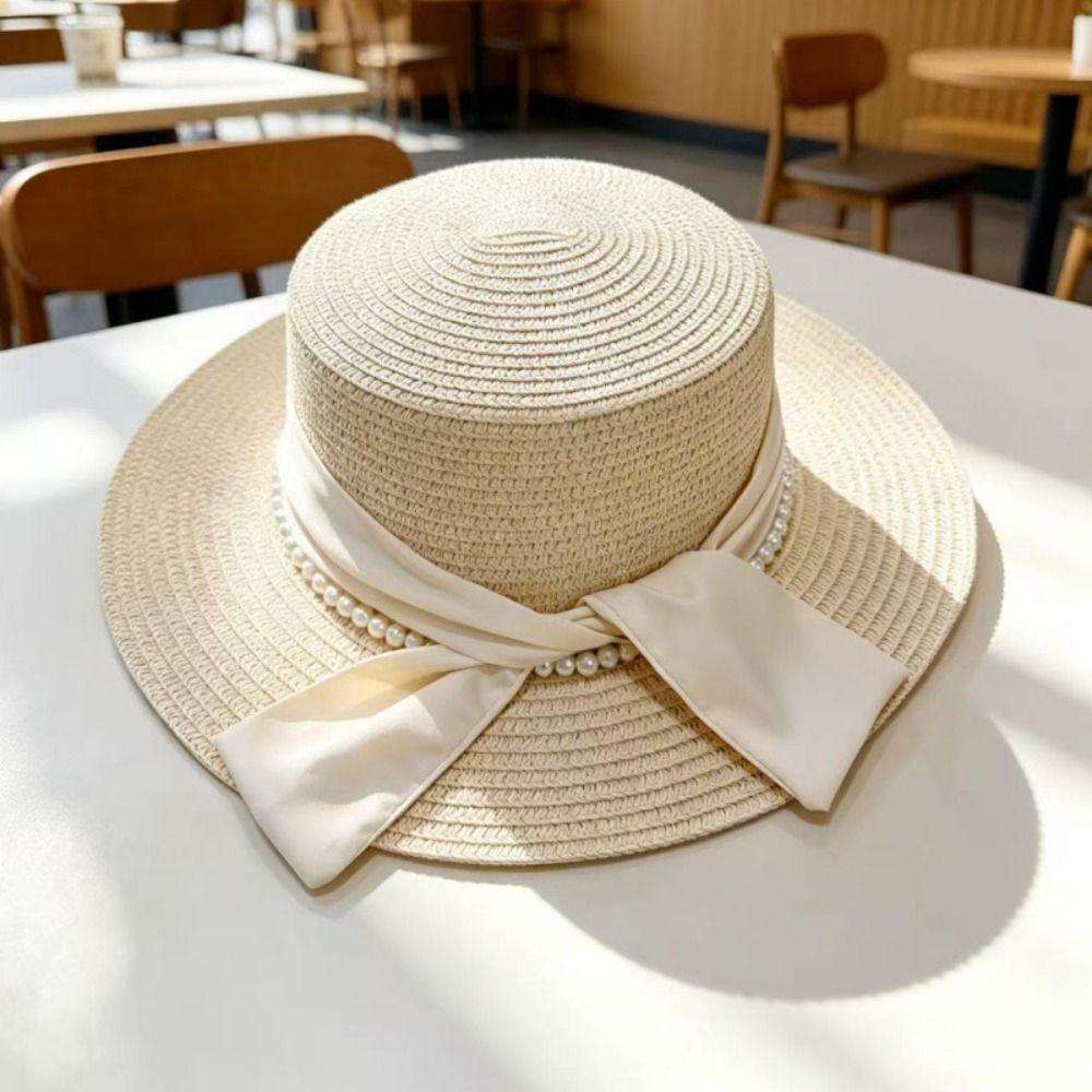 Beads Chain Straw Hat Silk Bow Beach Hat French Sun Visor Hat Travel Vacation