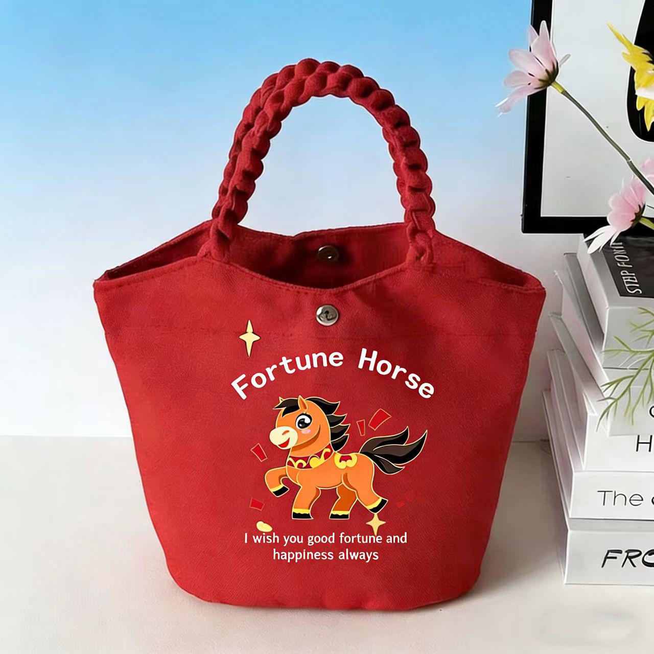 Joyful Year of the Horse Auspicious Red Canvas Bag - Trendy Handbag with Festive Little Horse Pattern Red No Pattern