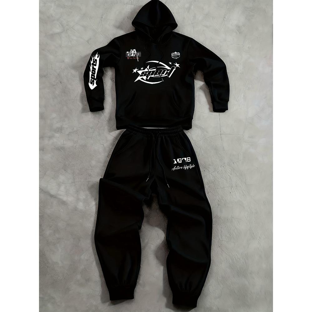 

Classic Casual Men s Set with Patterned Printed Drawstring Hoodie and Drawstring Outdoor Sports Pants Set, a Must Have for Fashionable Men S