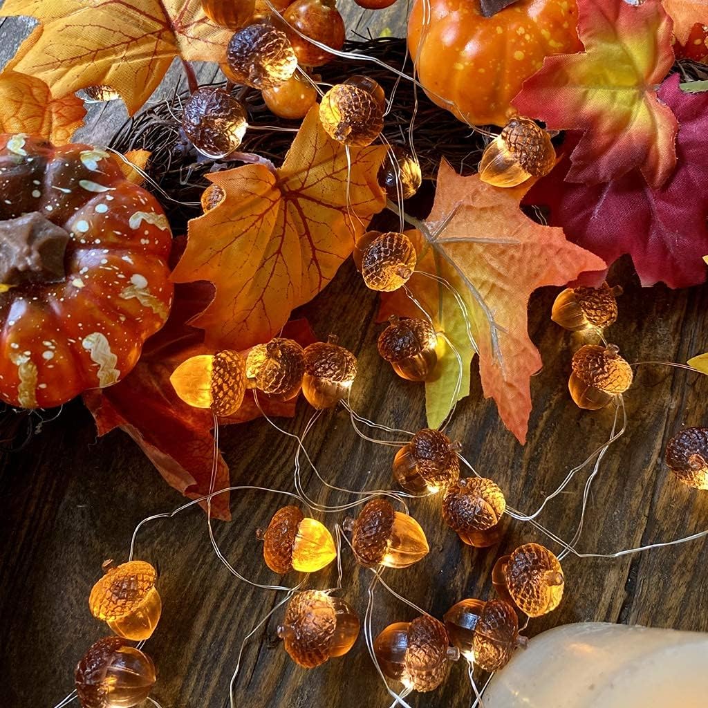 3D Twinkle Acorn Fall Decorations Harvest String Lights 10ft Copper Wire 30 LEDs Battery Powered with Timer Remote Control for Wedding Bedroom
