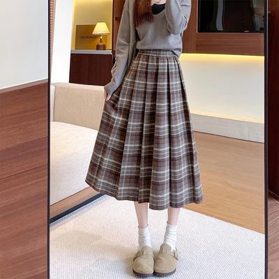 Women's High Waist Slim Mid-length Umbrella Skirt Pleated Plaid Skirt Elastic Waist Covering Flesh A-line Wool Pleated Skirt