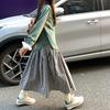 Women Midi Skirt Plaid Print Stitching Design A-Line Skirt Elastic High Waist Retro Style Swing Skirt Daily Wear