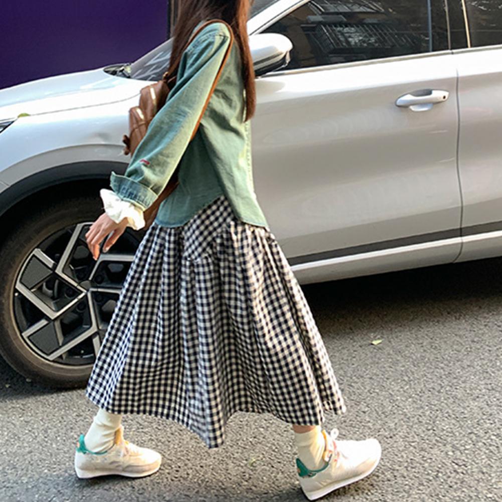 Women Midi Skirt Plaid Print Stitching Design A-Line Skirt Elastic High Waist Retro Style Swing Skirt Daily Wear