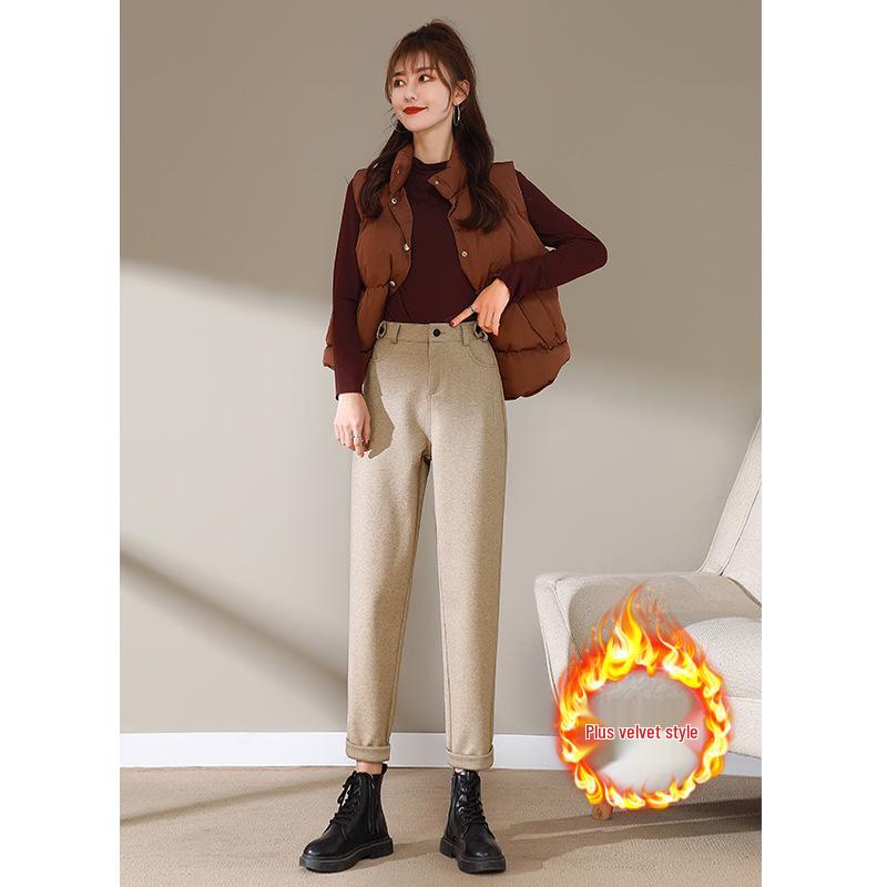 Women's Black Wool Fleece-Lined High Waist Loose Straight-Leg Harem Pants for Autumn and Winter