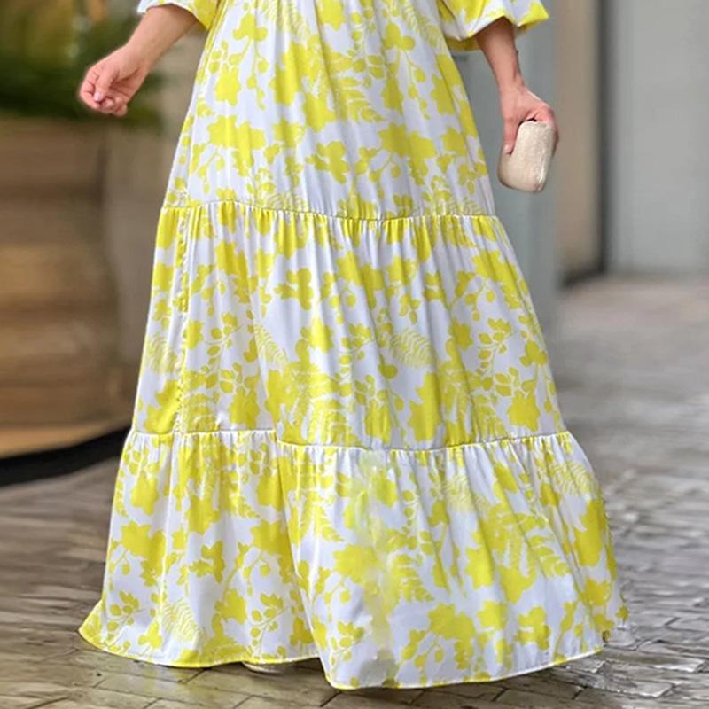 Summer New Europe and The United States Women's Printed Deep V-neck Flared Sleeve Oversized Hem Dresses