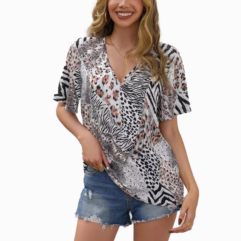 

Лето 2023, свободная повседневная женская футболка с леопардовым принтом и короткими рукавами и v-образным вырезом S чёрный