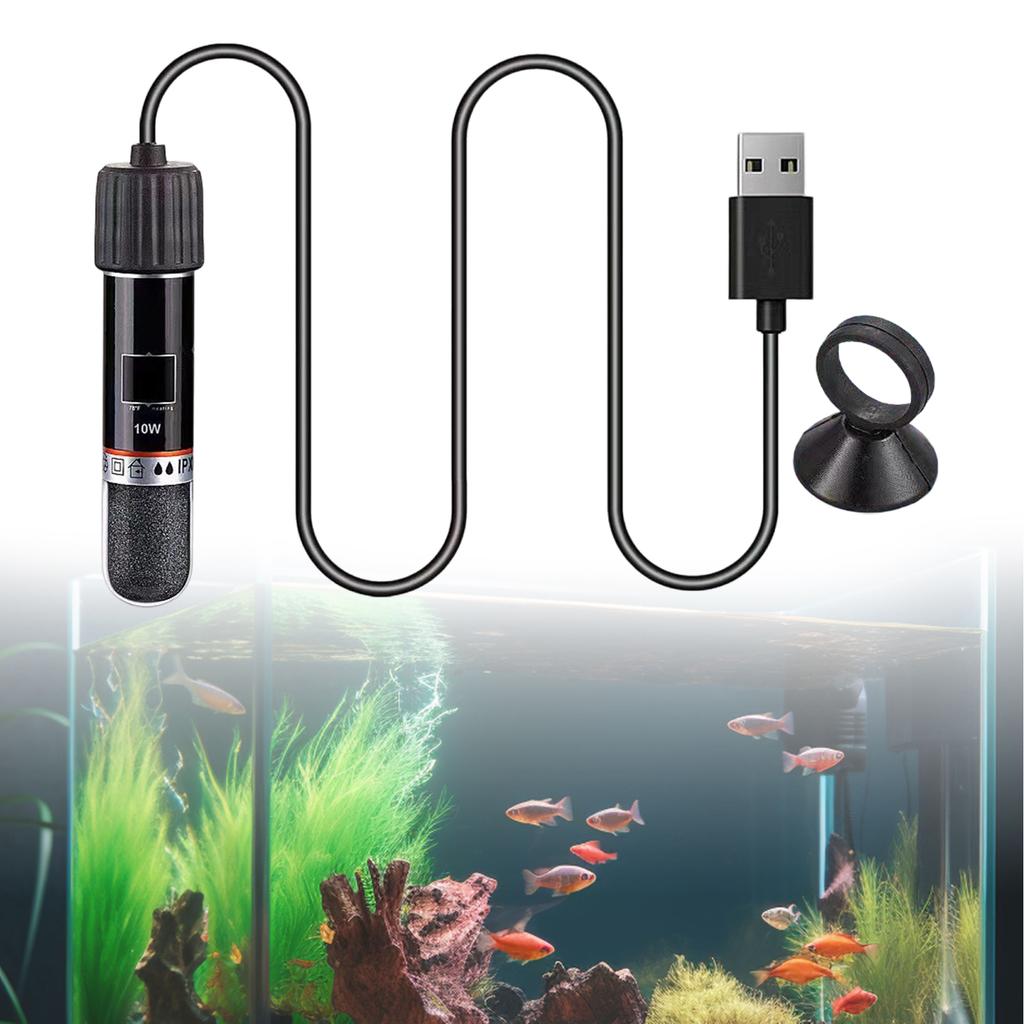 USB 10W Digital Display Aquarium Heater with Fixed Suction Cup Adjustable Small Water Tank Heat Rod Heater for Fish Tank
