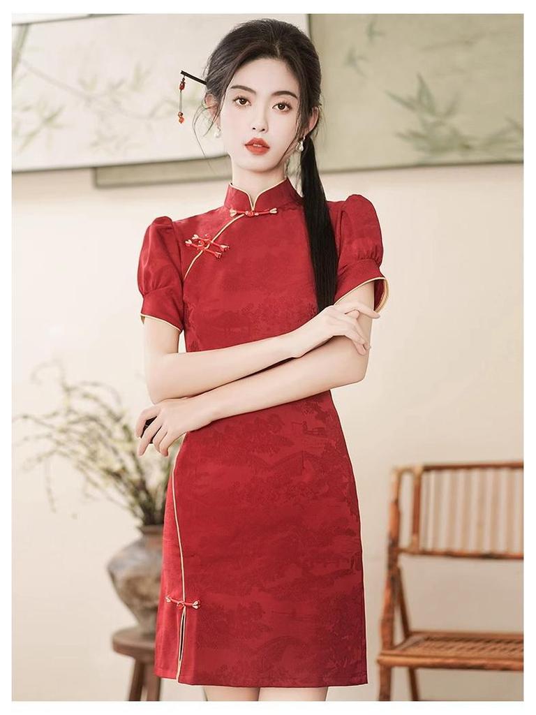 2025 Claret Red Petite Cheongsam: Elegant Short Summer Dress for Bridal Toast and Homecoming