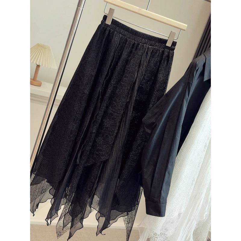 

Irregular cut lace splicing puffy skirt women s spring new high waist A word loose big swing umbrella skirt One size fits all чорний