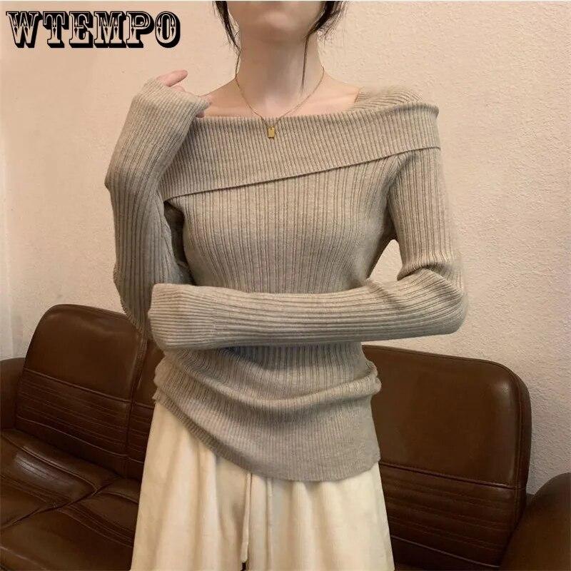 Slash Neck Knitwear Off Shoulder Top Women's Thin Bottomed Shirt Slim Long Sleeve Hotsweet Casual Commuting New Fashion