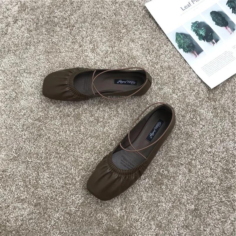 Pleated Single Shoes Women Square Toe Soft Ballet Flats Slip On Solid Color Elegant Dance Shoe Cross Ladies Loafers