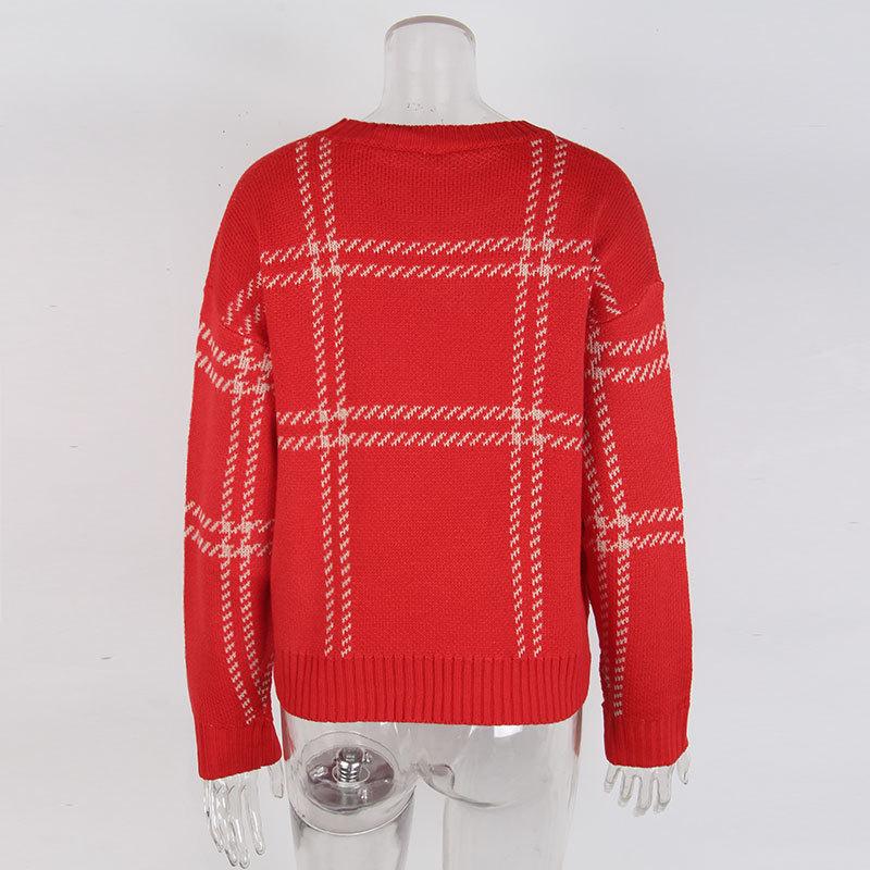 Europäischer & Amerikanischer Karomuster Farbblock Rundhals Pullover Strickware für Damen - Herbst/Winter Stil