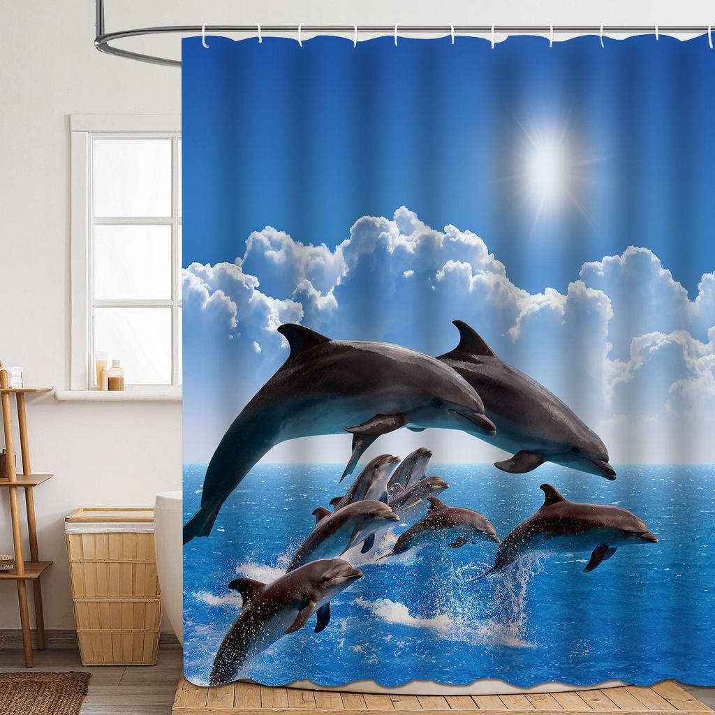 Coastal Marine Shower Curtain: Dolphin, Starfish, Seahorse, Seashell, Sea Turtle - Moisture-Proof, Mildew-Resistant, Waterproof, Beach Bathroom Décor