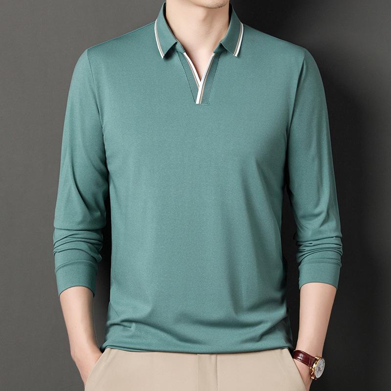 Lapel Long Sleeve T-Shirt Solid Color Thin Medium Men'S Clothes Loose Bottom Polo Shirt