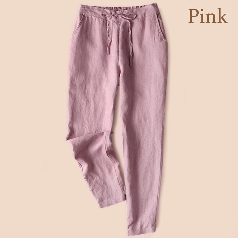 Women Solid Color Cotton Linen Elastic High Waist Trousers Casual Elegant Loose Party
