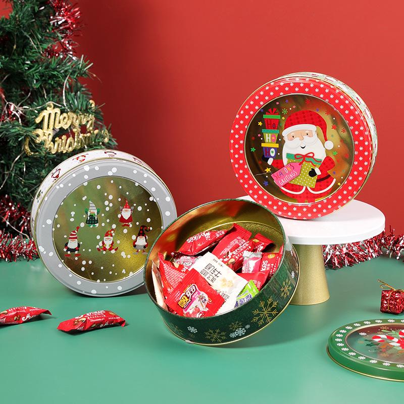 Vánoční kreslená plechová krabička: Kulatá průhledná nádoba na sušenky a cukroví pro dětské sladkosti
