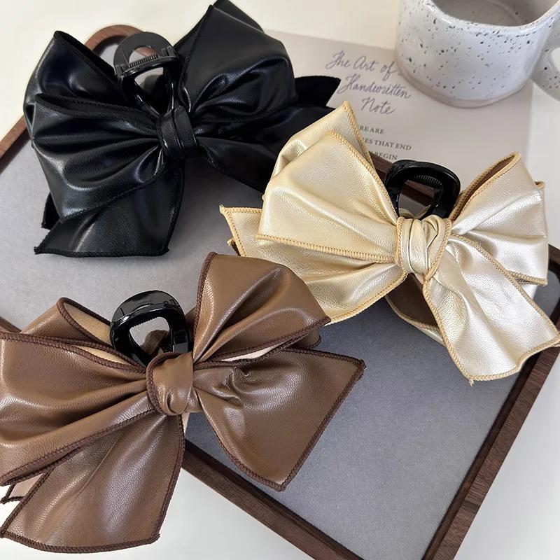 Retro Leather Stripe Bow Hair Claw Headband Womans Elegant Hair Pins Large Shark Clips Female Fashion Barrettes Hair Accessories