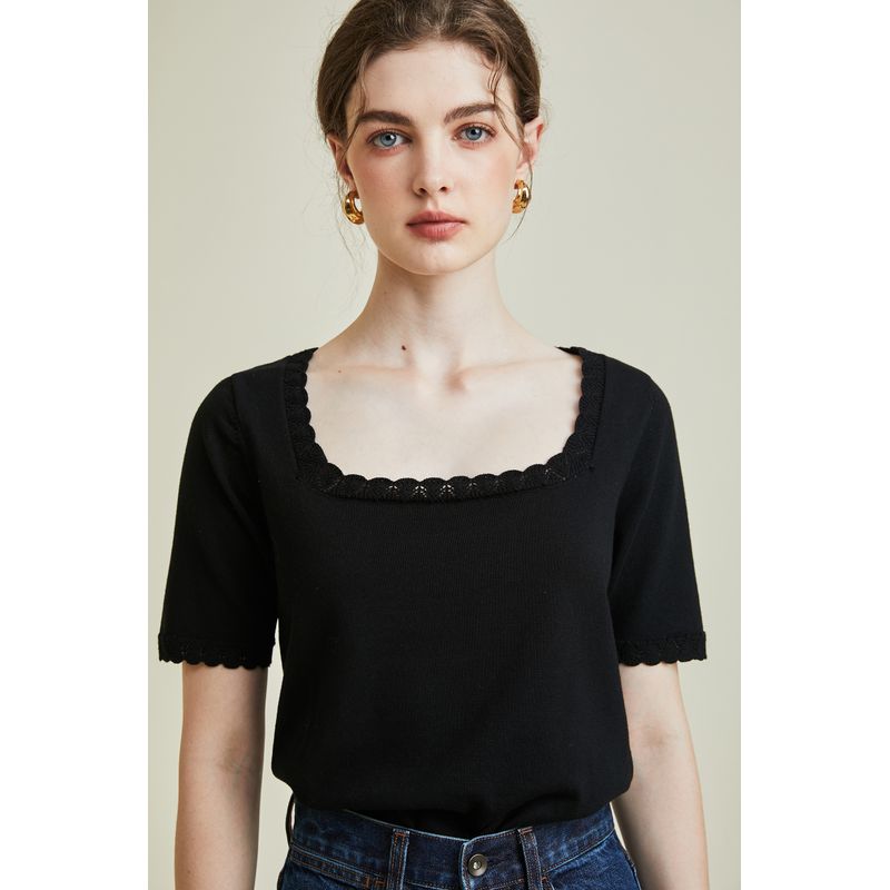 

[В наличии] 23 новых французских этнических ретро-топа из вязаного кружева с квадратным вырезом и короткими рукавами, черные Black S