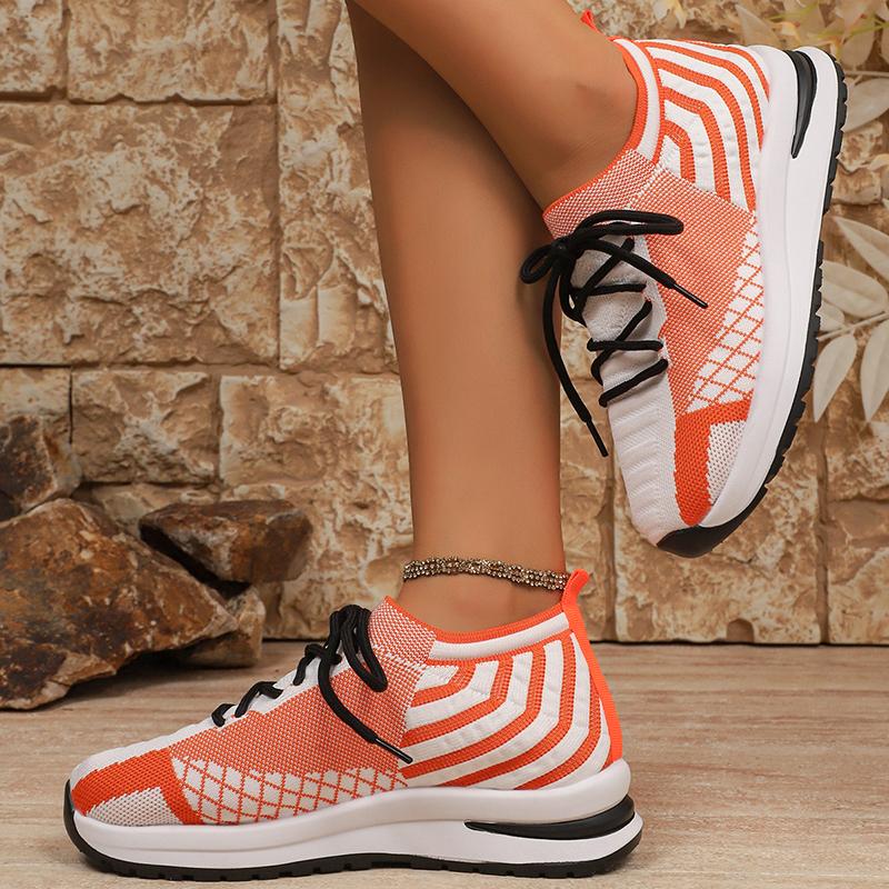 Fashion Orange White Striped Knitted Sneakers Women Plus Size Breathable Mesh Running Shoes Woman Non Slip Tennis Walking Shoes