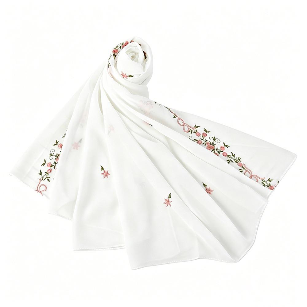 Embroidery Floral Headscarf Solid Color Flower Shawl Breathable Muslim Headscarf  Beach белый