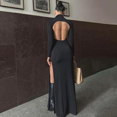 Backless Sexy Black Evening Dress Women's Summer Slim High Waist Long Sleeve Dresses Female Vacation Fashion Elegant Side Slit Bodycon Dress Women