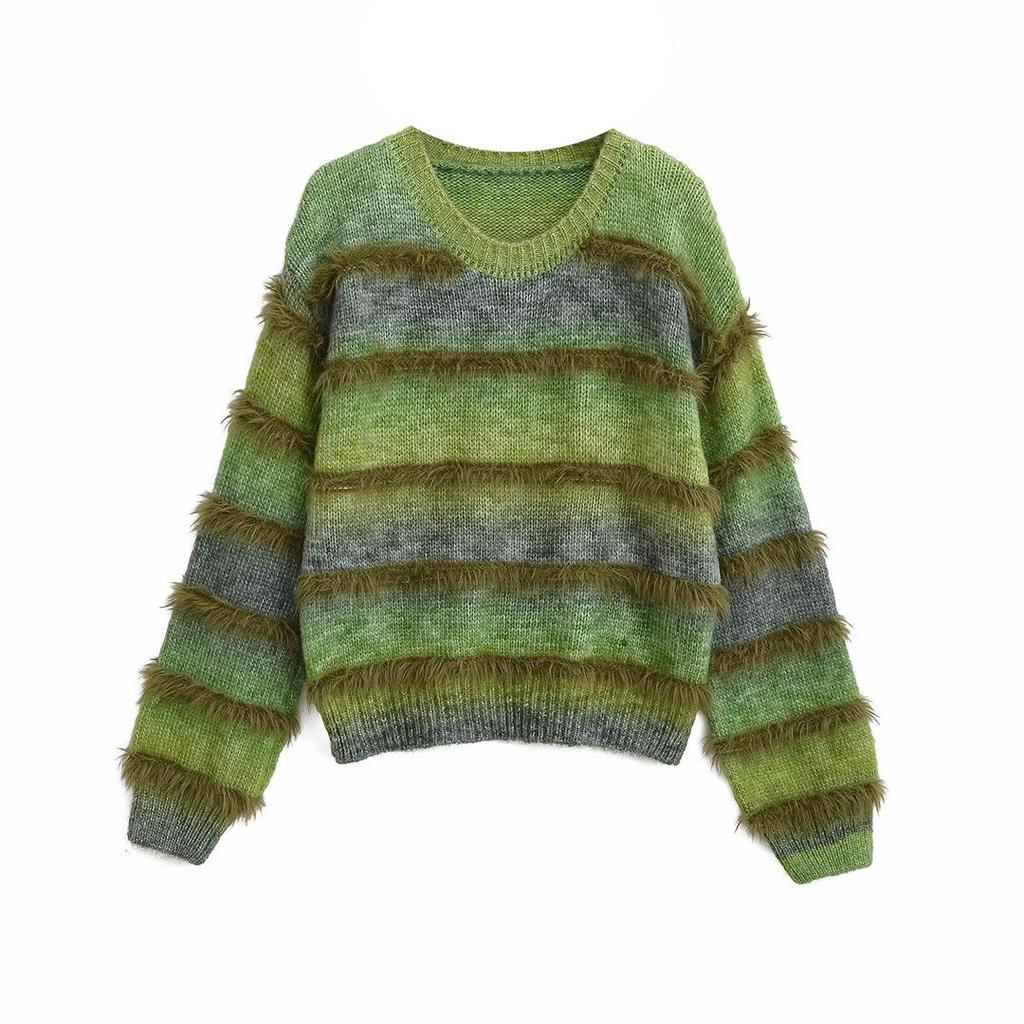 Autumn 2025 Women's Gradient Color Loose Round Neck Long Sleeve Sweater Set - European & American Style Fashion.