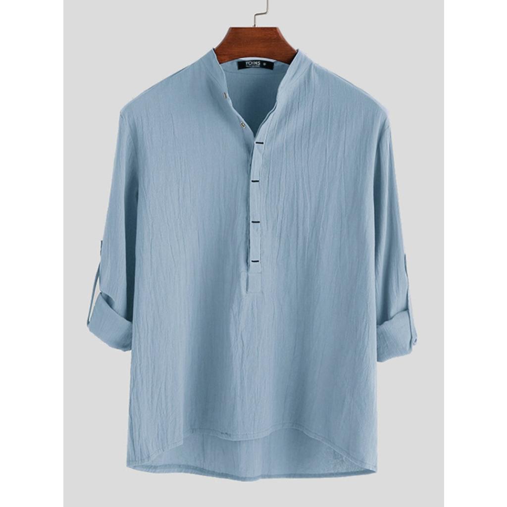Spring and Autumn Loose Pure Color Long-sleeved Chinese Style Stand Collar Shirts Texture Contrast Button Design Men's Casual Shirts