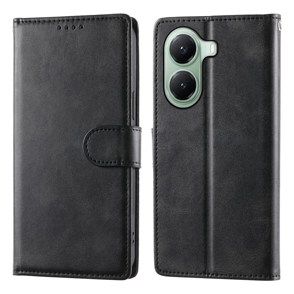 For Xiaomi Poco X7 Pro 5G/Redmi Turbo 4 5G Case Stand Wallet Calf Texture PU Leather Flip Phone Cover with Wrist Strap