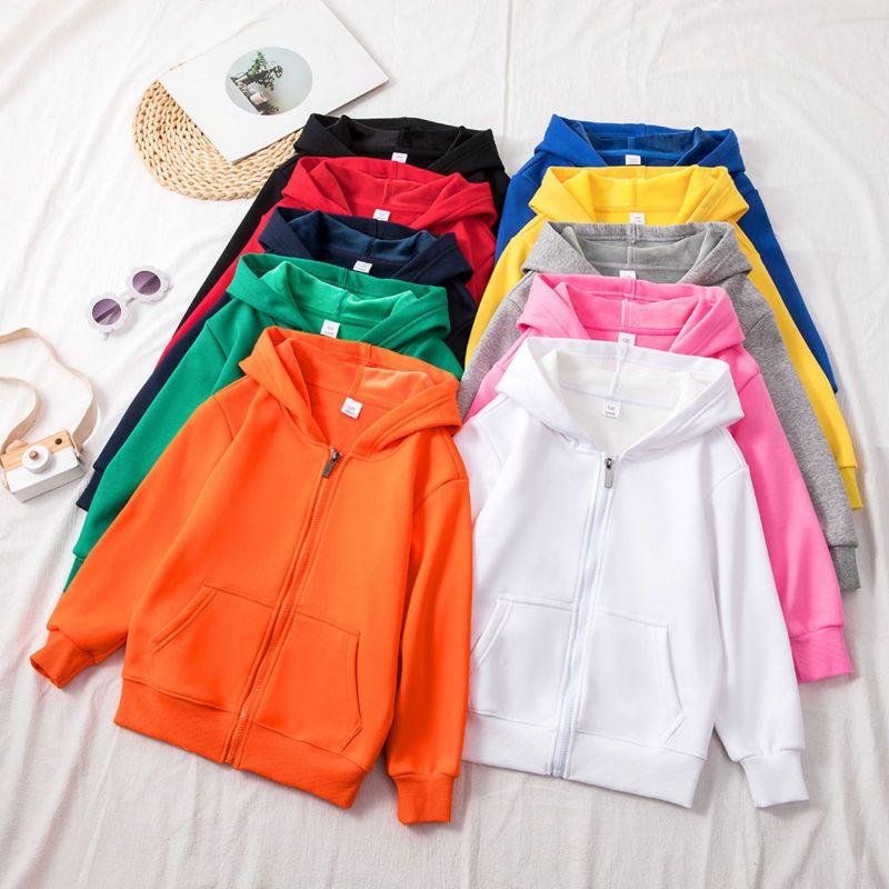 2-12 Years Kids Solid Color Hooded Zipper Coat Long Sleeve Outwear