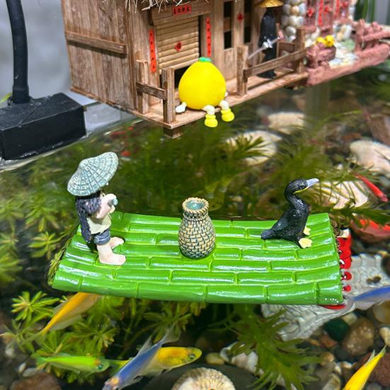 Yousheng Floating Bamboo Raft Sculpture with Old Man And Cormorant Resin Miniature Figurine Decorative Zen Aquarium Statue for Outdoor Indoor Fish