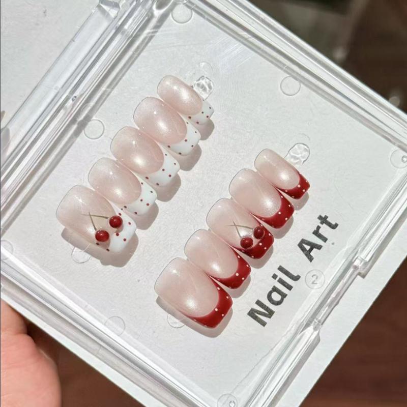 10Pcs Cherry French Press On Nails - Nude Pink Short Fake Nails with Polka Dot XS