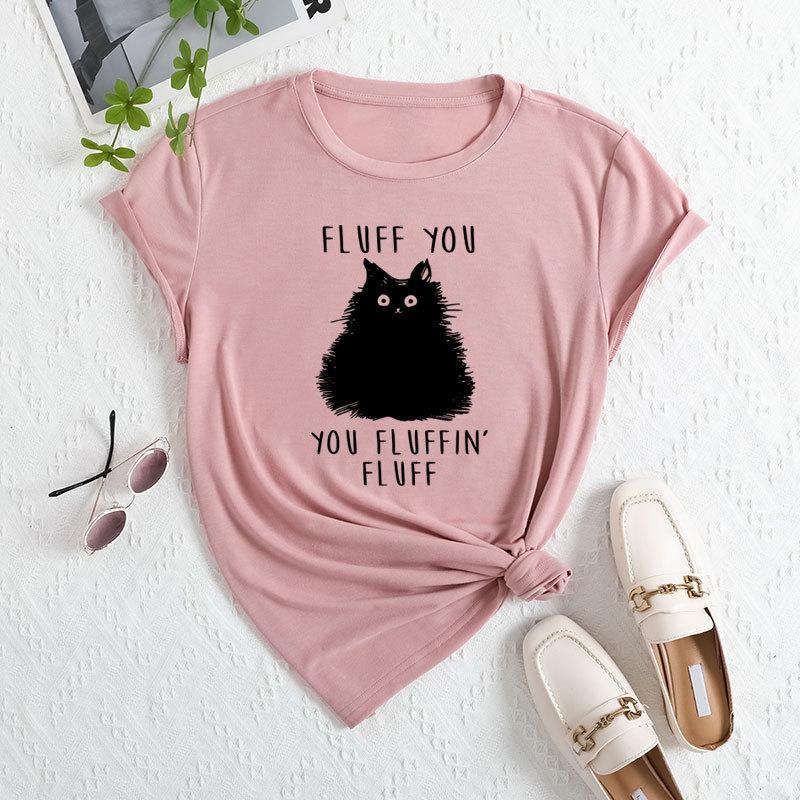 Summer Women's Letter Cat Print Round Neck Loose Casual Pure Cotton Short Sleeved T-shirts Women's