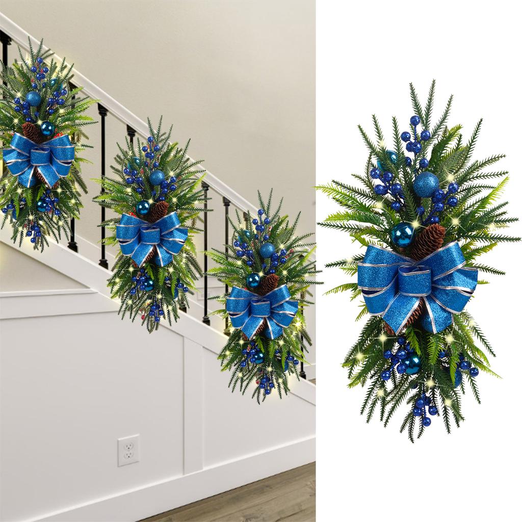Xmas Staircase Swag with Light String Artificial Wreath Decor for Door Stair Wall Window