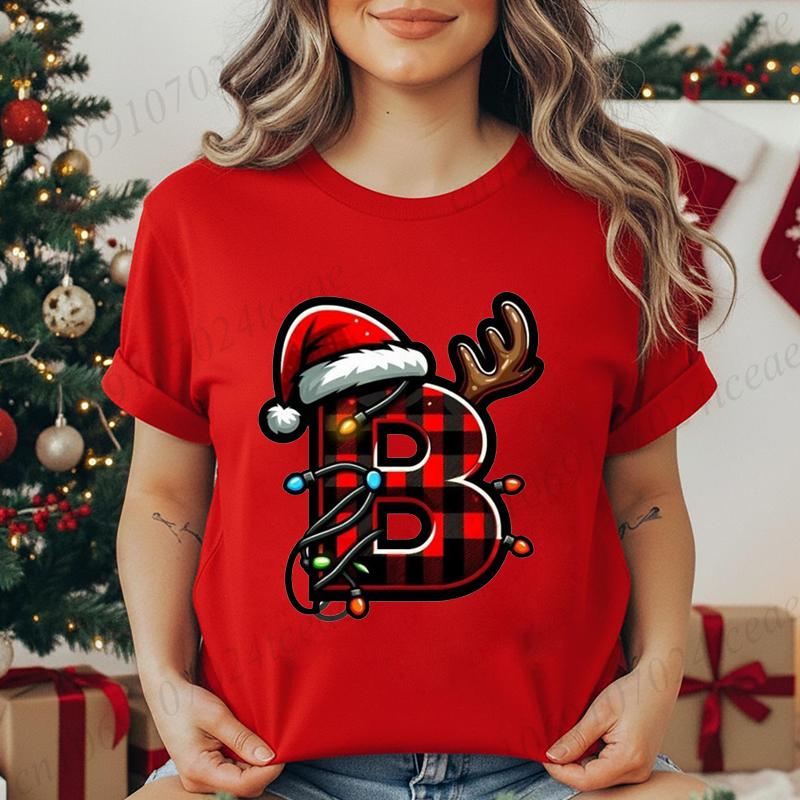 Christmas Alphabet Printed T-Shirt for Women Unisex Fashion Trendy Funny Casual Tops Santa Hat, Reindeer Graphic Tshirt T Shirt