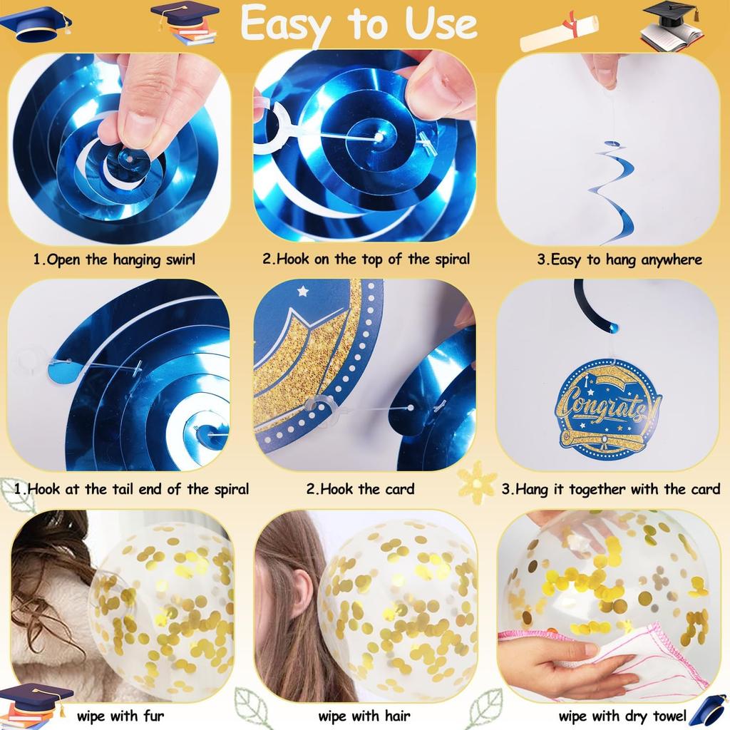 Graduation Decorations 2025, Blue and Gold Class of 2025 Decorations with Congrats Grad Banner and Hanging Swirls, 2025 Foil Number Balloons for