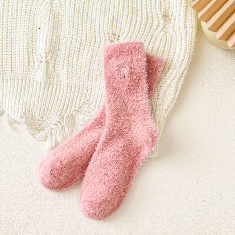 Women's Pink Mid-Tube Socks: Warm Embroidered Bow, Thick Velvet, Autumn/Winter Collection