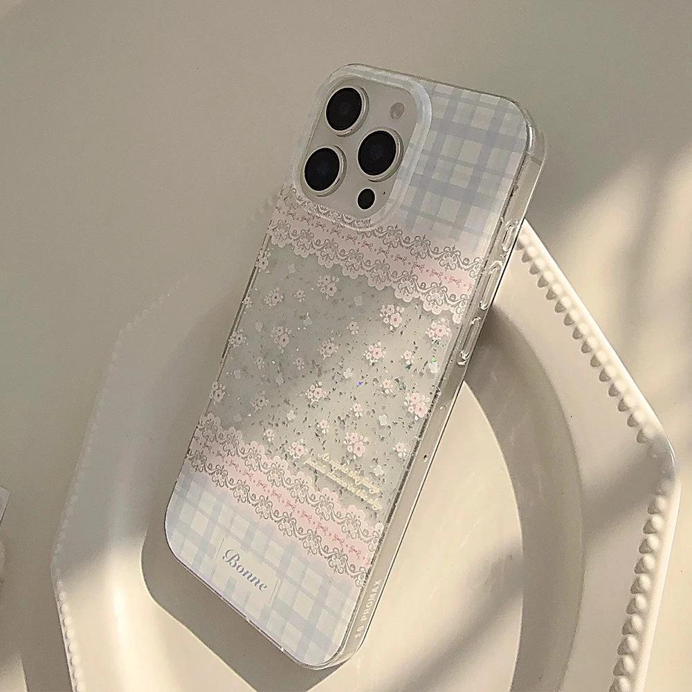 Spring and Summer Pink and Blue Floral Application Apple 17 Mobile Phone Case iPhone16Pro Glitter IMD15 Plaid 13/12/14