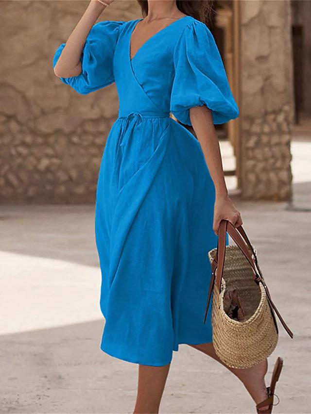 Spring and summer new European and American women's clothing temperament solid color sexy split-ended bubble sleeve lace-up dress