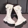 Girls' Black Bowknot Knee-High Leather Boots with Side Zipper, Plus Velvet, Soft Sole—Perfect for Autumn and Winter.