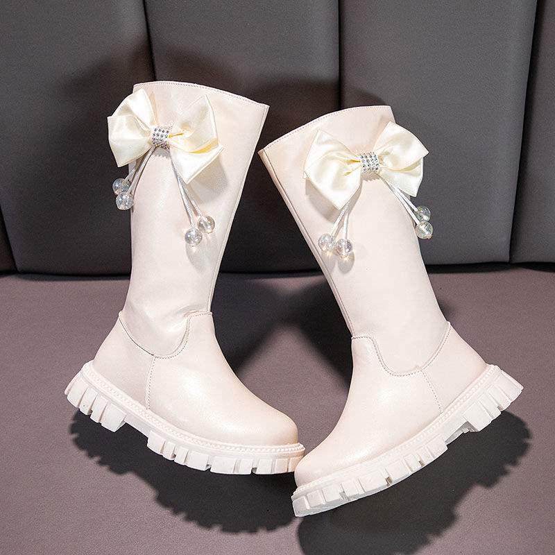 Girls' Black Bowknot Knee-High Leather Boots with Side Zipper, Plus Velvet, Soft Sole—Perfect for Autumn and Winter.