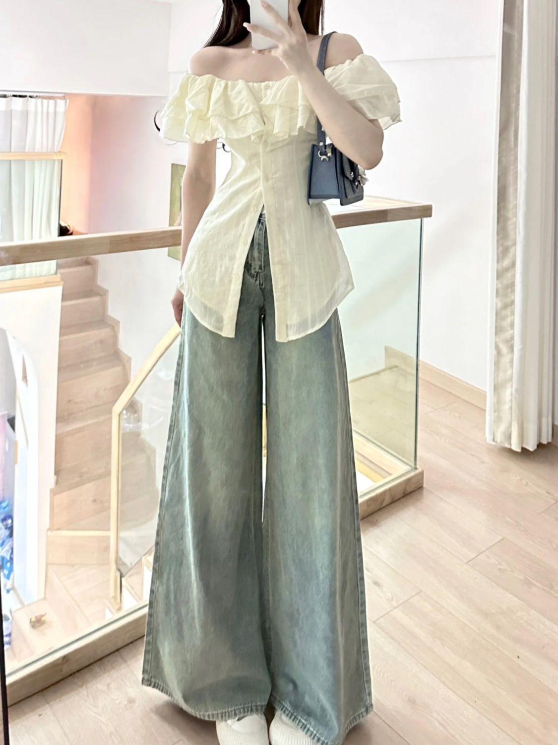 

Джинсы с высокой талией, в стиле ретро, с потертостями, широкие от бедра, светло-голубые, для женщин - Летние облегающие брюки длиной до пола Large