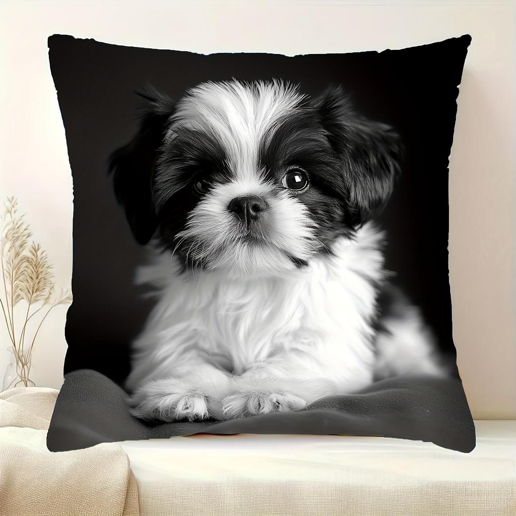 Federa per Cuscino Decorativa Shih Tzu Cucciolo Nero Bianco D Stampa DoubleSide Caso per Cuscino in Poliestere per Arredamento Casa Divano Auto Camera da Letto