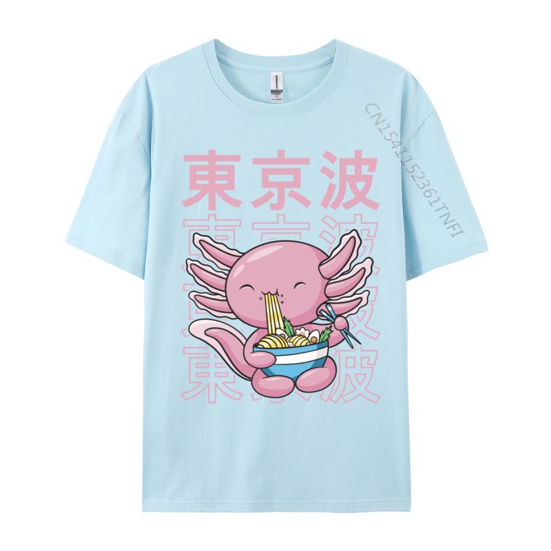 Kawaii Axolotl Eating Ramen Noodles Teens Custom Print T Shirt for Men Family Autumn All Cotton Top T-shirts Hip hop T Shirt