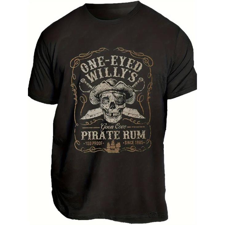 Men S Vintage Pirate Graphic T-Shirt - One-Eyed Willy S Pirate Rum Design with Skull & Crossbones, Proof Rum Advertising Style, 1885 Established 6XL чёрный