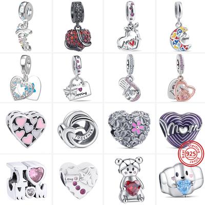 New 925 Silver I Love Mom Heart Flower Pendant Sweet Bead Fit Original Charm Bracelet DIY Jewelry Mother's Day Gift