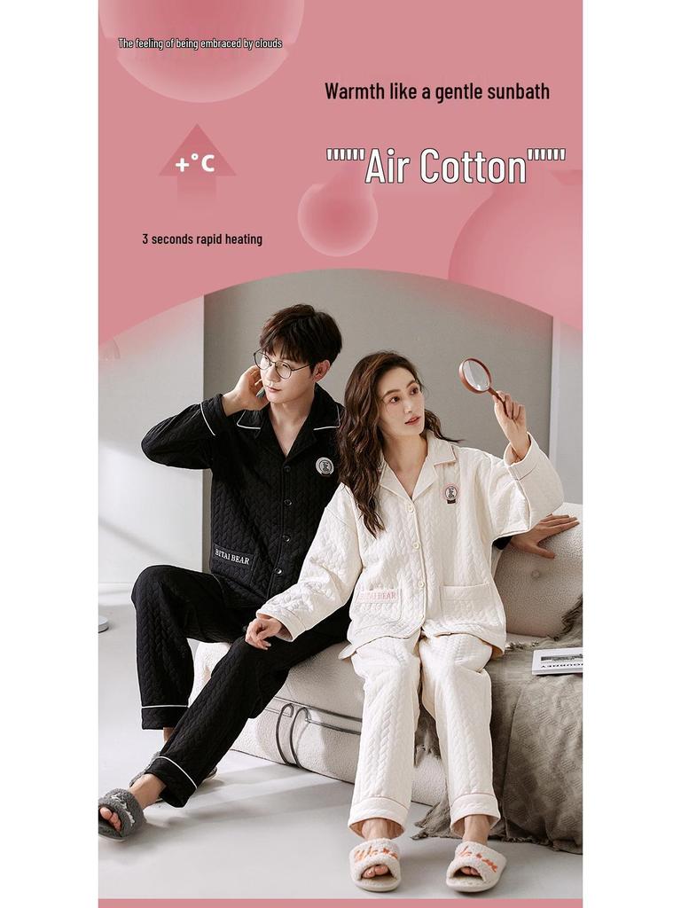 Couple's Warm Cartoon Pajamas Set: Thick Cotton, Korean Style, for Women & Men, Autumn/Winter