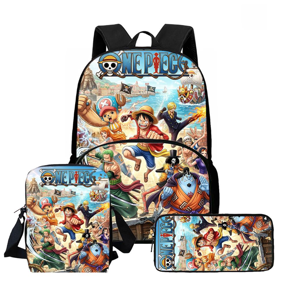 One Piece Lightweight Cartoon School Backpack Student Boy Girl BookBag with Front Pocket 3pcs Set With Crossbody Bag Pencil Case